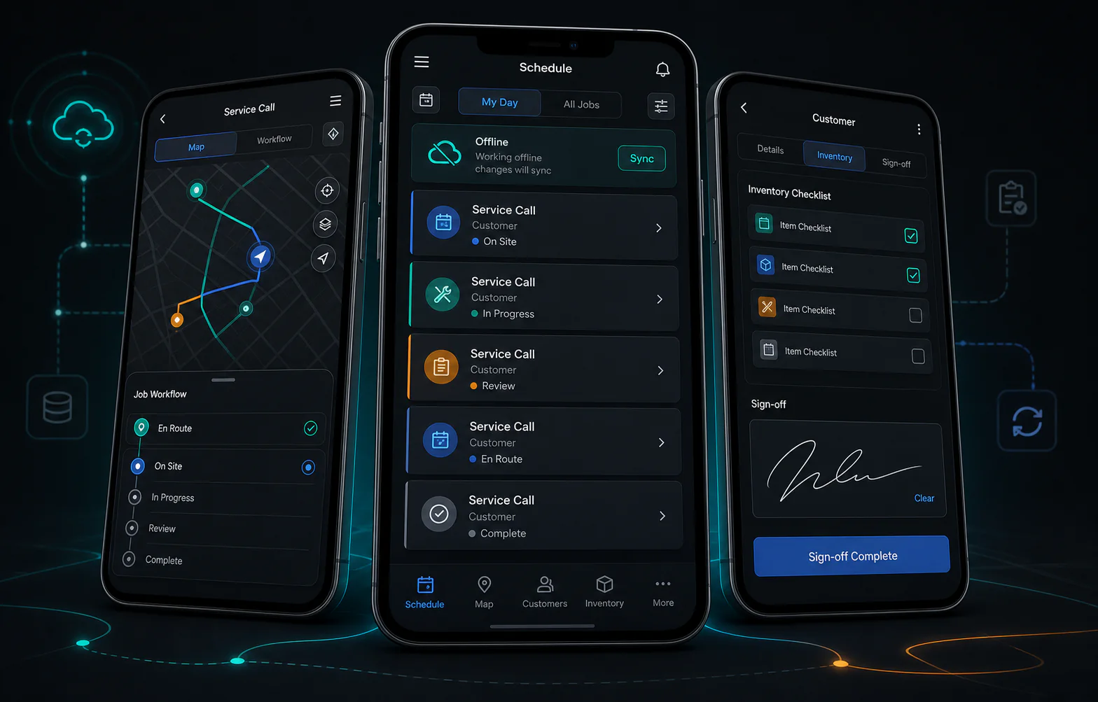 Original product visualization of field-service scheduling, offline sync, inventory, and customer sign-off workflows for BNApp