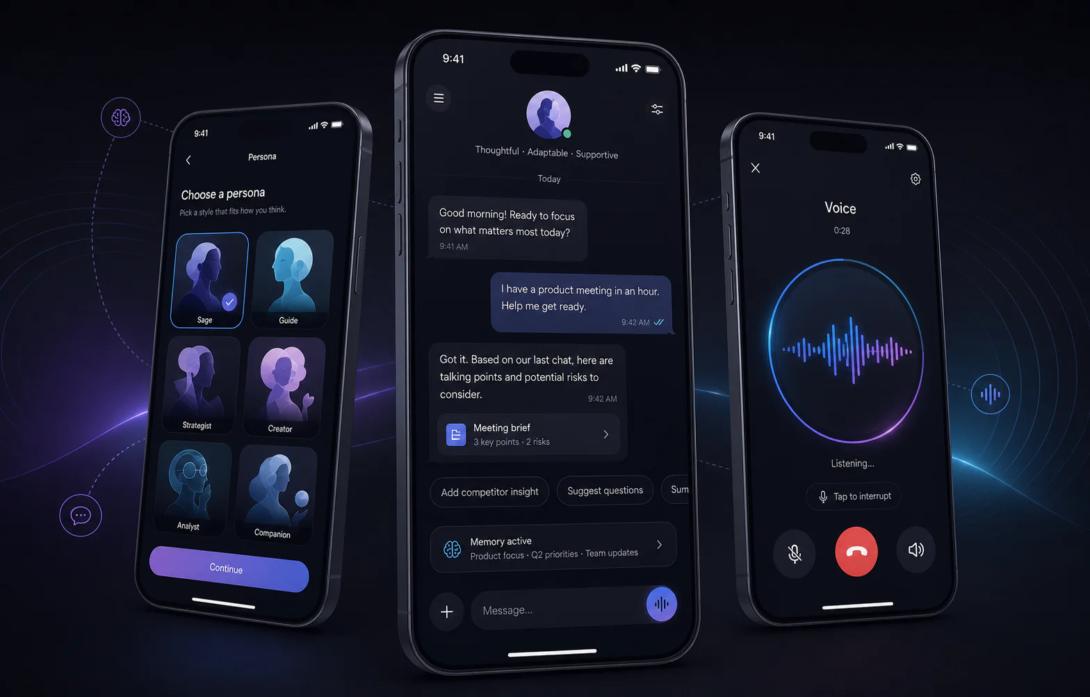 Original product visualization of persona selection, context-aware messaging, and voice interaction for Chatti