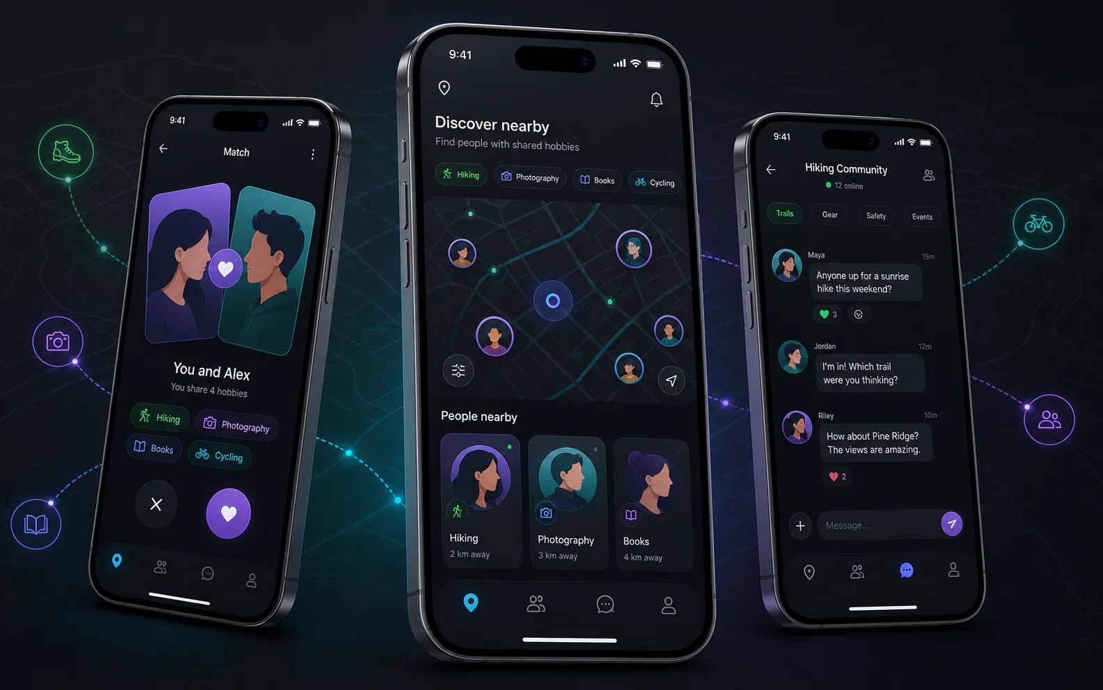 Original product visualization of hobby matching, nearby discovery, and community messaging for HobbySwap
