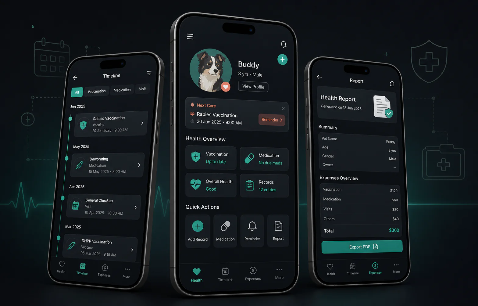 Original product visualization of pet health records, care reminders, and report export workflows for NotePet