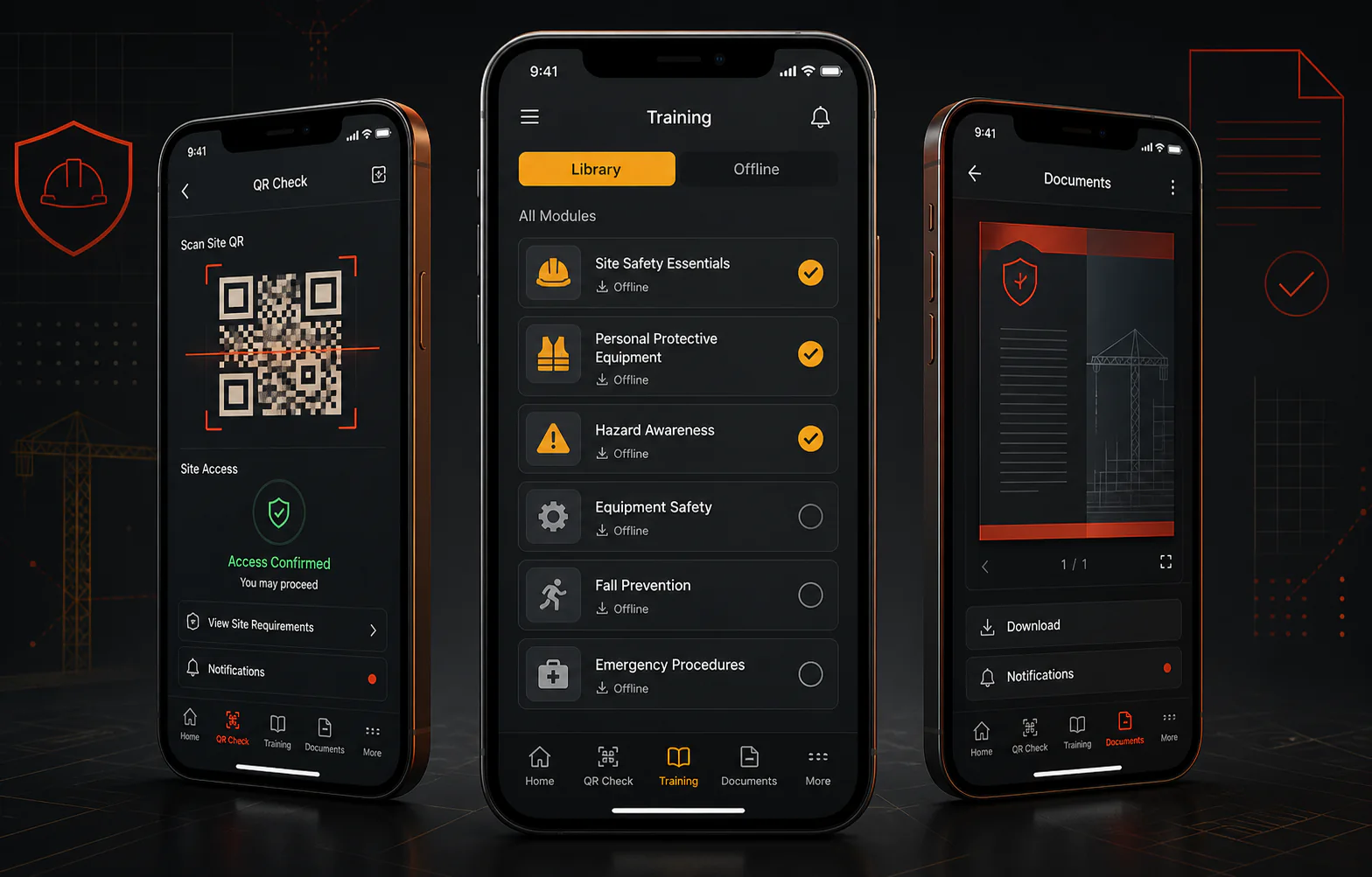 Original product visualization of offline safety training, QR compliance checks, and document workflows for Tribuco