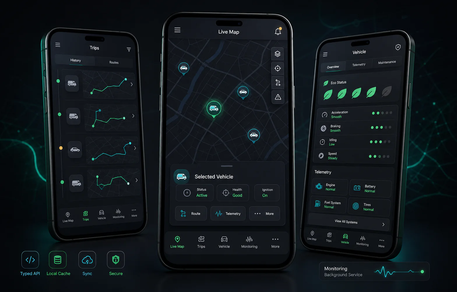 Original product visualization of live fleet maps, trip history, and telemetry workflows for Yaza OneTrak